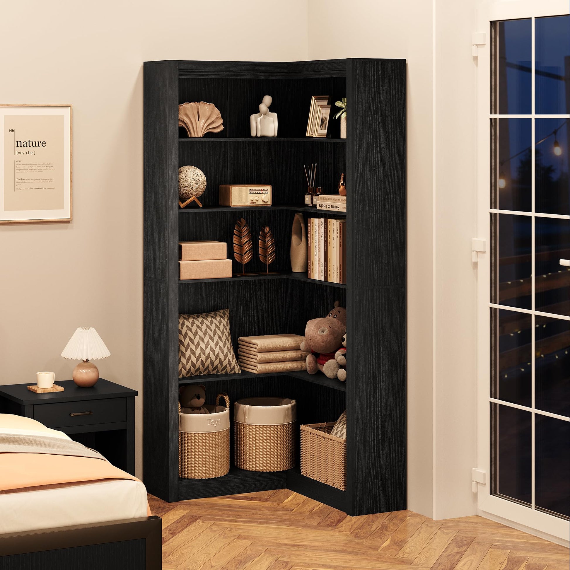 Five-tier corner bookshelf with taller lower shelves
