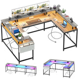 Garvee U Shaped Desk with LED Lights, 126 Inch Gaming Desk with Monitor Stand, Reversible Large Computer Desk with Power Outlets, Oak - Gray Oak