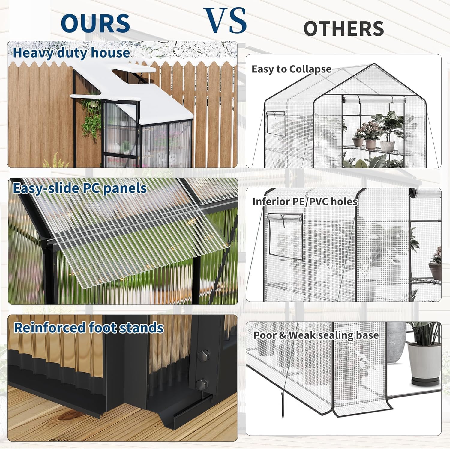 Comparison image showing reinforced foot stands and easy-slide PC panels