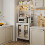 Garvee 67" Tall Kitchen Pantry Bar Cabinet with Tempered Glass Doors, LED Lights and Power Outlets, Grey - Grey