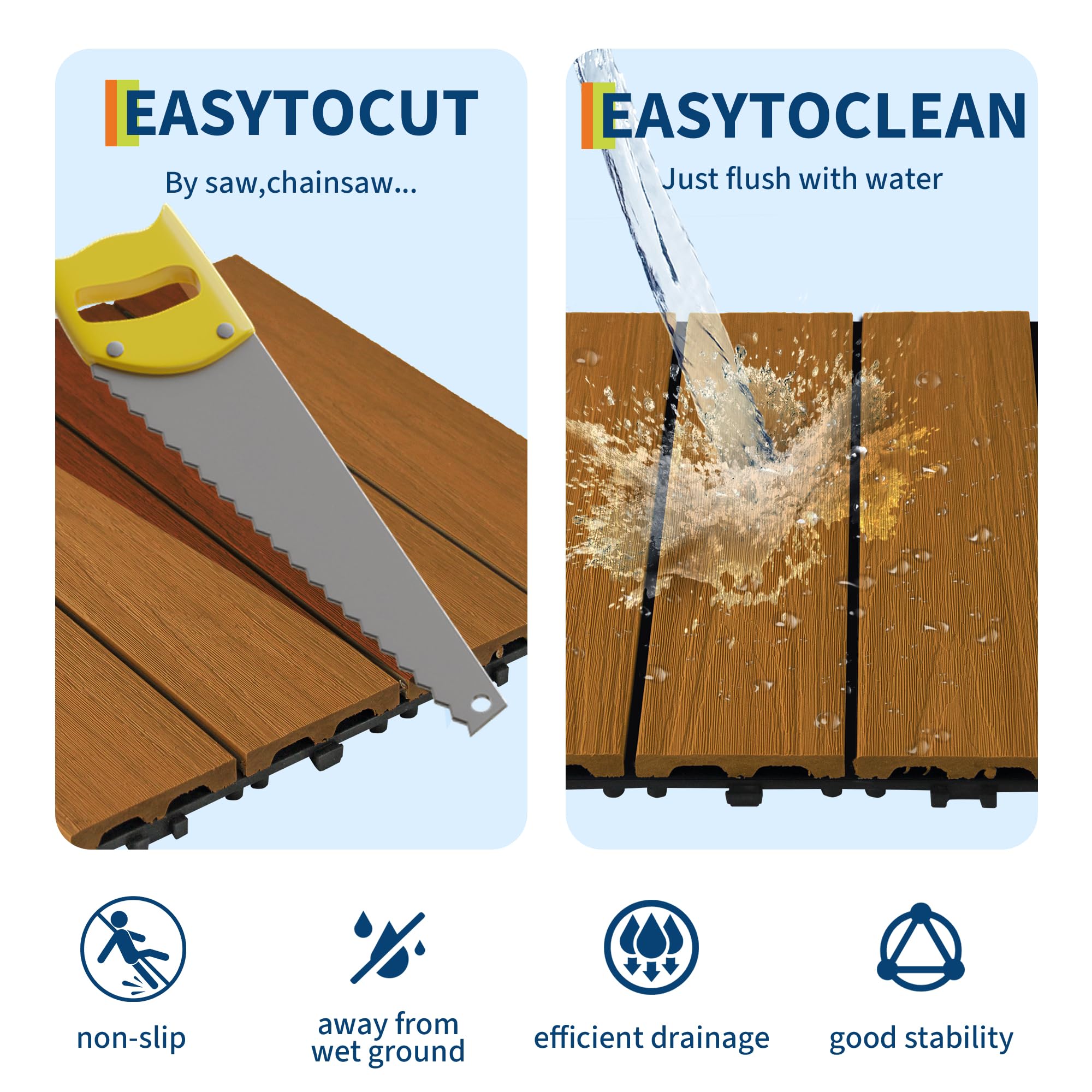 Teak interlocking deck tiles showing tool free snap installation