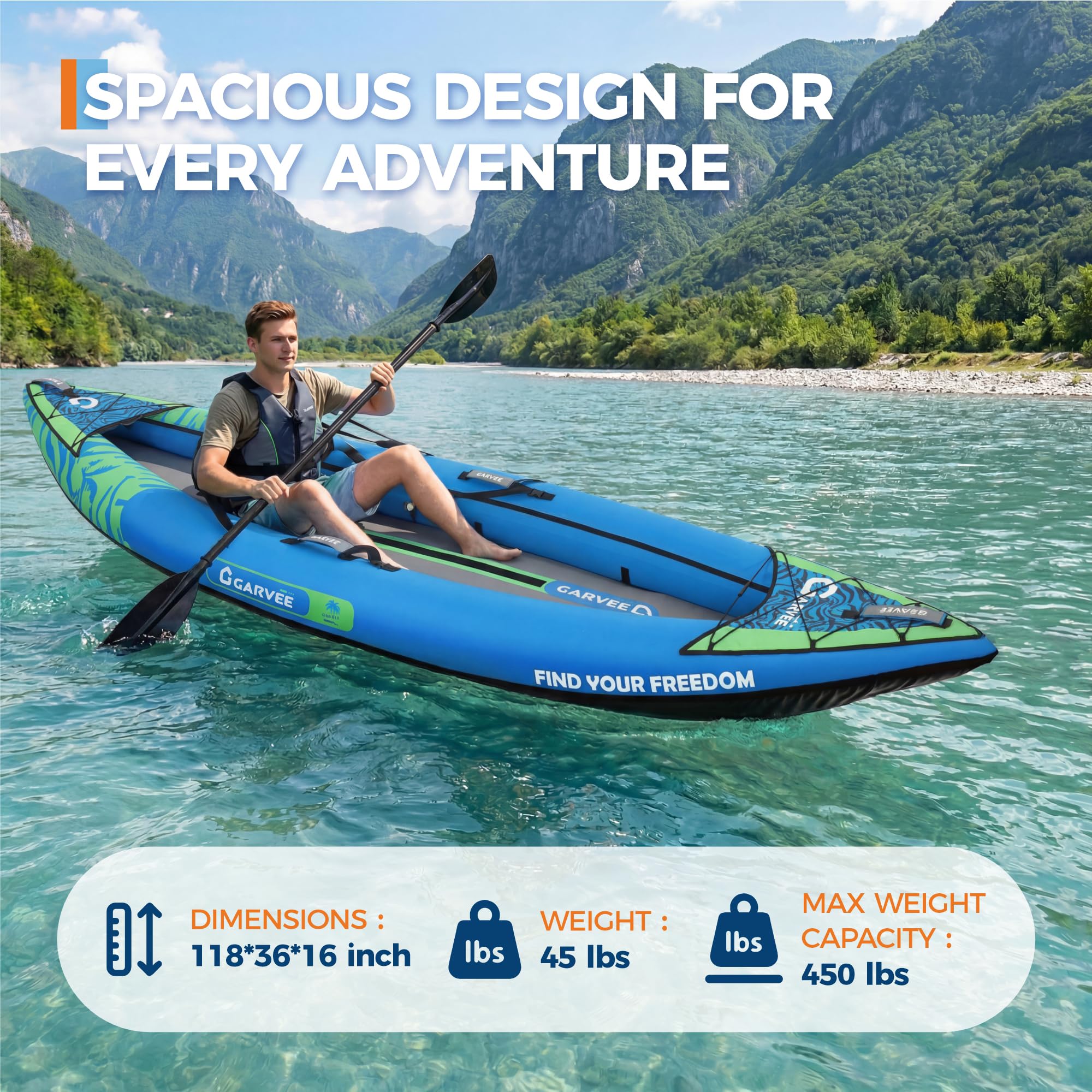 Garvee 1-person inflatable kayak showing spacious solo layout and capacity details