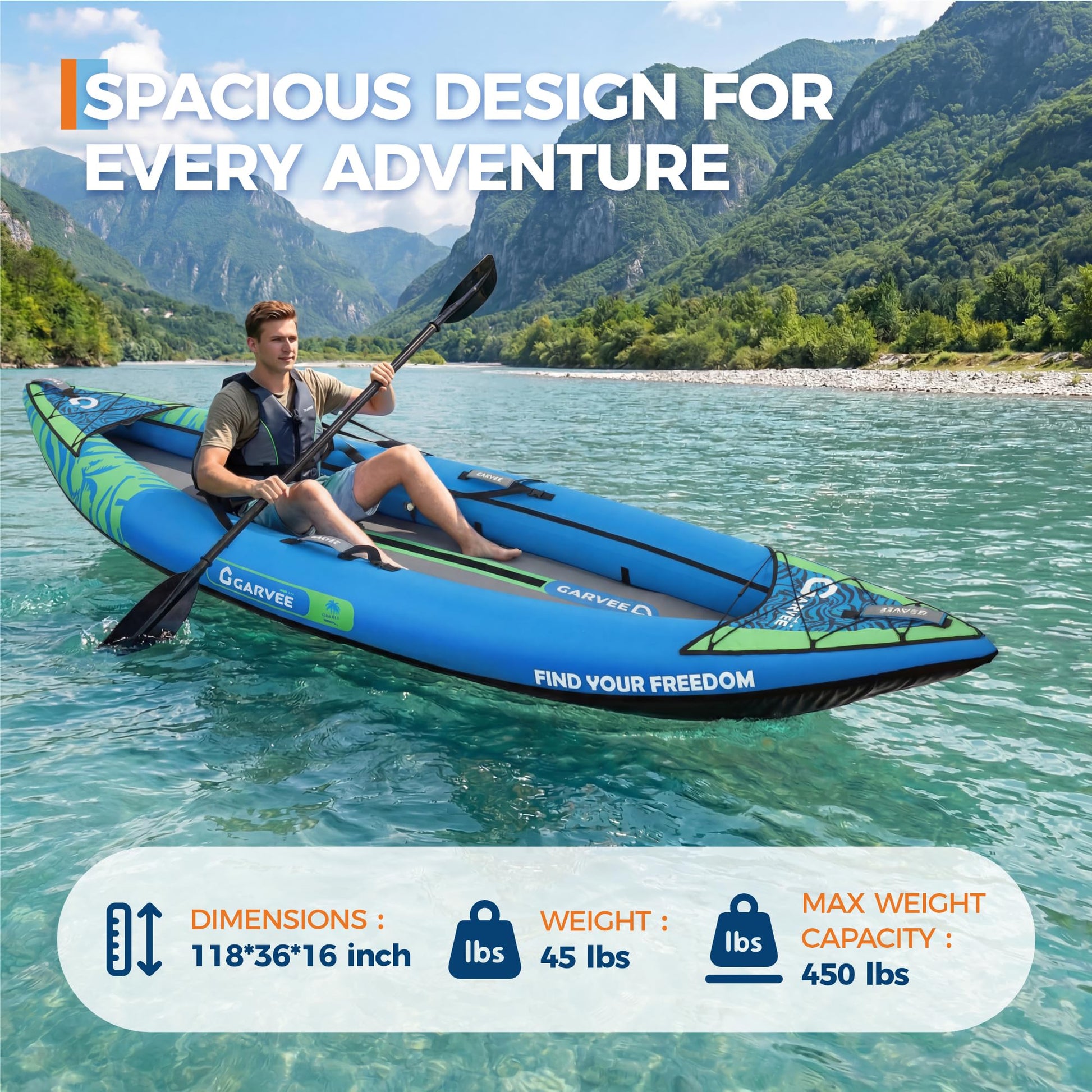 Garvee inflatable solo kayak with spacious design and high weight capacity