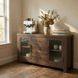 Garvee 54.4" Buffet Sideboard With 2 Glass Doors & 3 Drawers, Coffee Bar Table, TV Stand For Living Room Kitchen Dining Room, Walnut - Walnut