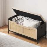 Garvee 39.4" Storage Bench Rattan Entryway Bench with Seat Cushion, 2 Safety Hinges, Storage Trunk, Shoe Bench Storage Chest for Entryway, Living Room, Bedroom, Oak & Black