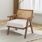 Garvee Mid-Century Farmhouse Accent Chair Wood Armchair with Rattan Backrest Linen Cushion for Living Room Bedroom Beige Easy Assembly