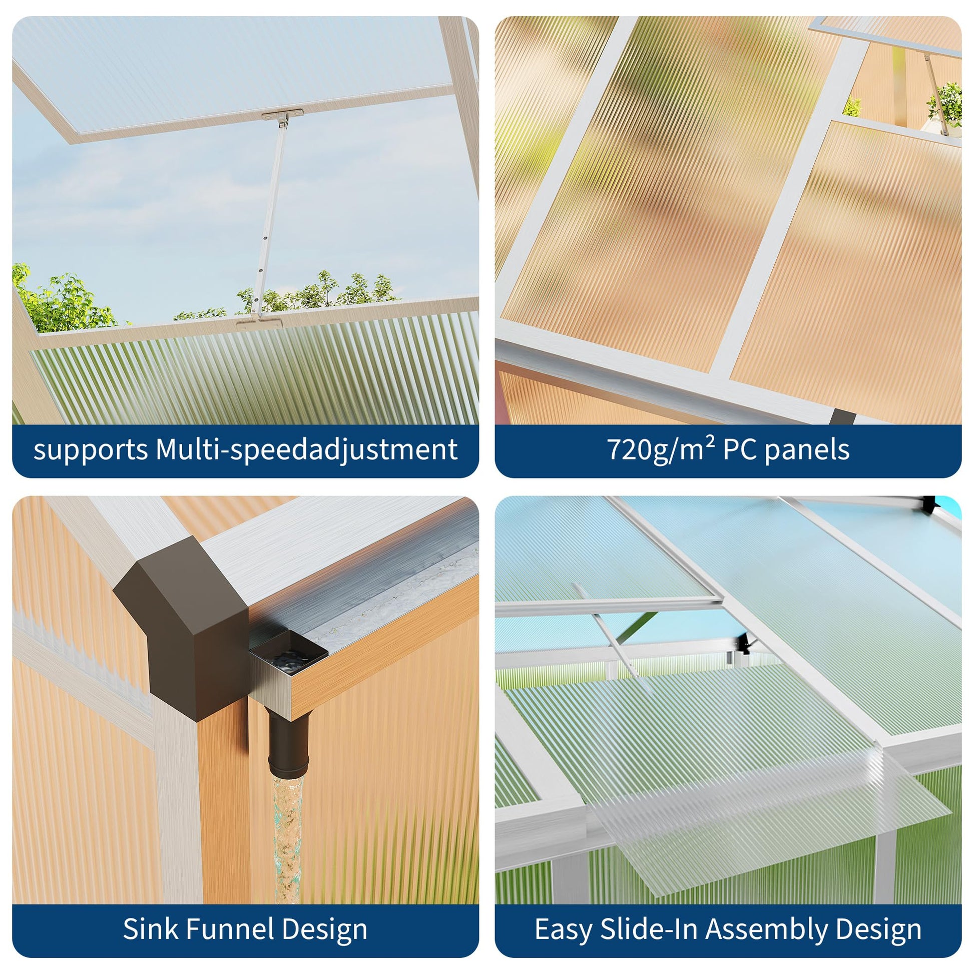 Slide-in polycarbonate panel assembly and greenhouse details