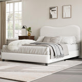 Garvee Boucle Full Size Bed Frame Upholstered Headboard Soft Low Profile Sturdy Platform Bed Rounded Corners White - White