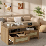 Garvee Boho Coffee Table with Storage Mid Century Rattan Console Table 40” Oak for Living Room Apartment Farmhouse Bedroom Small Place