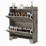 Garvee Farmhouse Shoe Cabinet With 2 Flip Down Drawers & 2 Hooks, Narrow Entryway Storage, 31.4x9.4x38.2 Inches, Grey - Gray