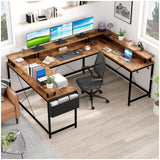 Garvee U Shaped Desk with LED Lights, 126 Inch Gaming Desk, Reversible Large Computer Desk, Power Outlets, Storage Bag, Hooks, Vintage - Tiger stripes