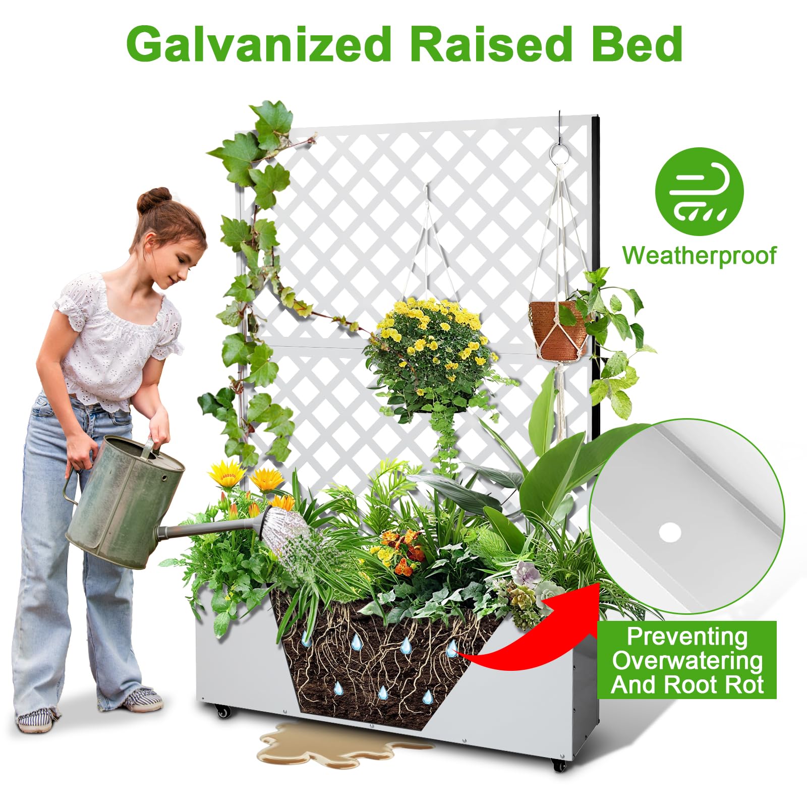 white diamond trellis planter showing drainage openings for excess water