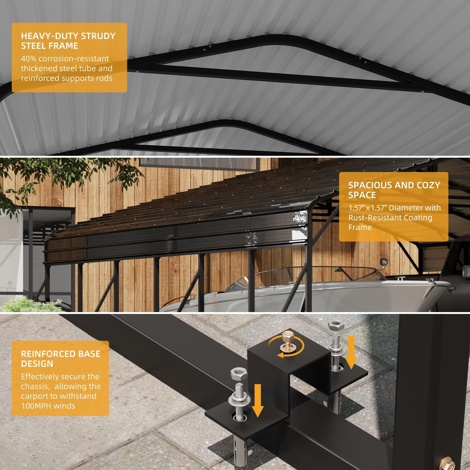 Reinforced steel frame detail of Garvee 20x30 metal carport