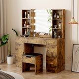 Garvee Vanity Desk with Mirror and Lights Makeup Vanity Table with Power Outlet 5 Drawers Rustic Brown - Brown