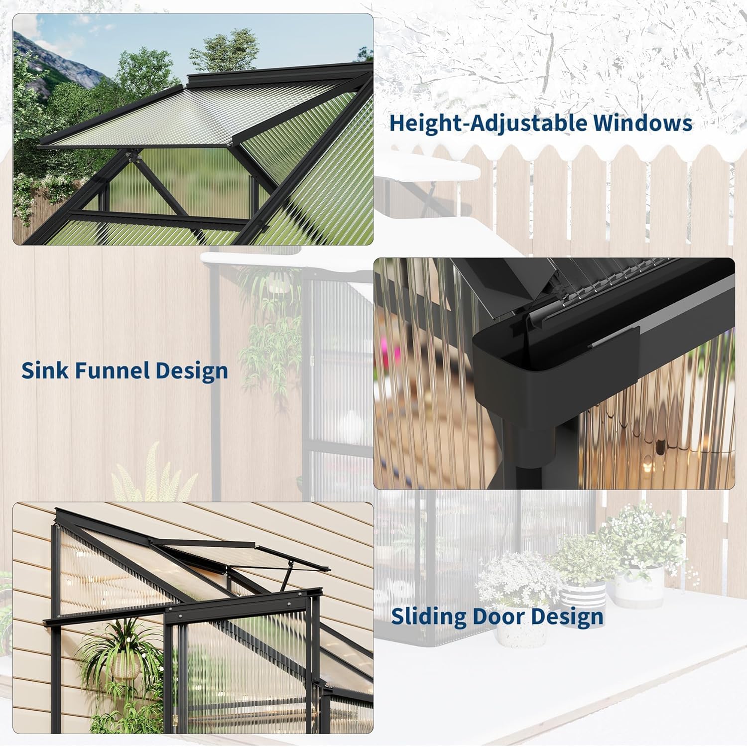Greenhouse details showing adjustable windows, sink funnel drainage and sliding door