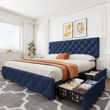 Garvee King Size Bed Frame with 4 Storage Drawers and Adjustable Headboard, Linen Upholstered, Blue, Platform Bed, Diamond Stitched Button Tufted - Blue