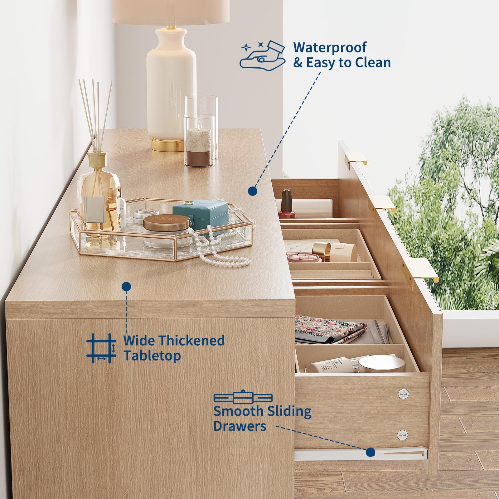 Waterproof easy-clean tabletop and smooth sliding drawers