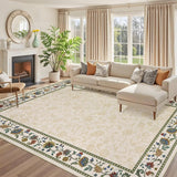 Garvee 10x13 Area Rug Washable Vintage Floral Print Non Slip Soft Large Indoor Carpet Beige - Beige