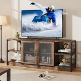 Garvee Farmhouse TV Stand for 65/75 Inch TVs with Storage Cabinet and Mesh Doors, Industrial Media Console Table, 63"L x 18.3"W x 25"H, Rustic Wood Finish - Retro Brown