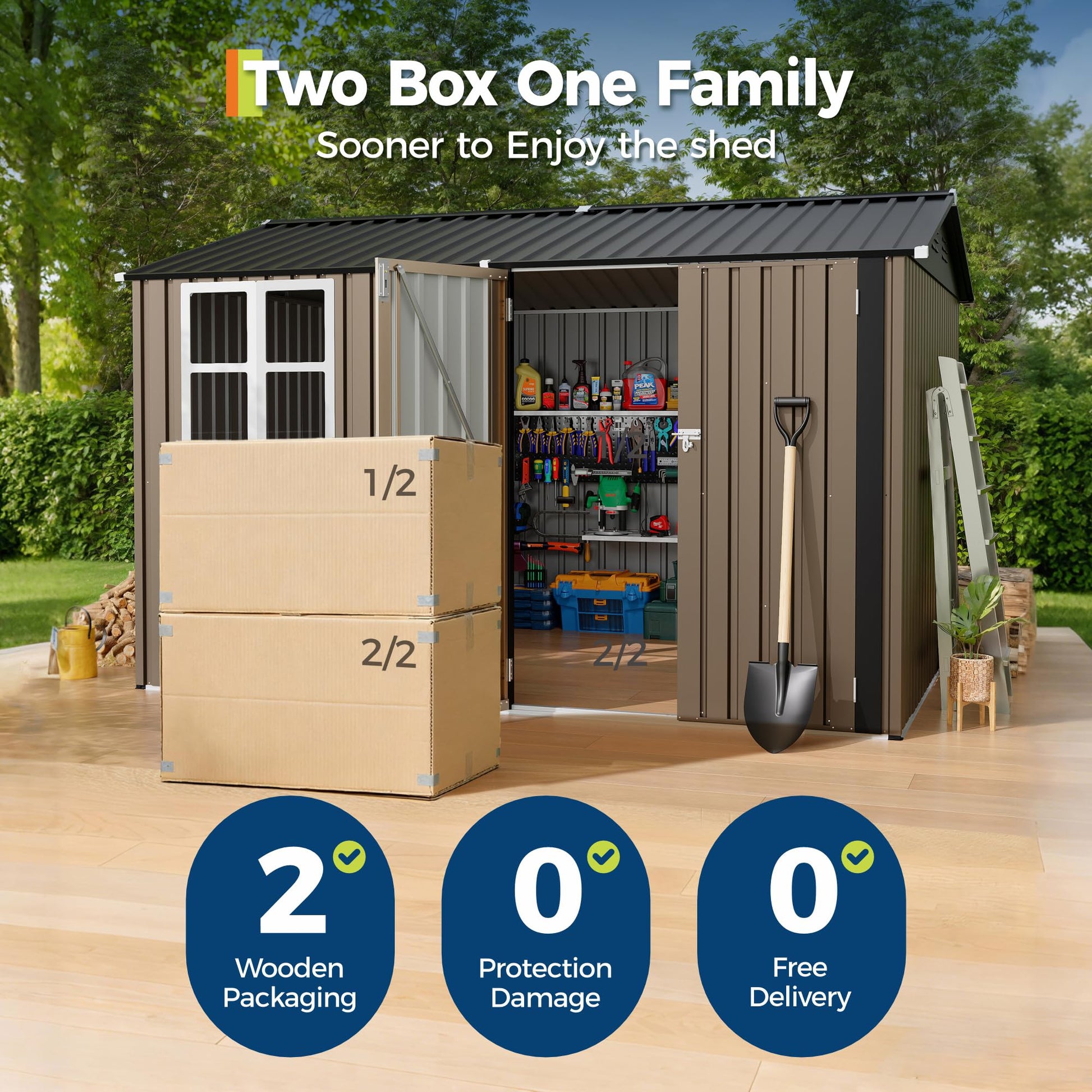 Two-package delivery for outdoor storage shed