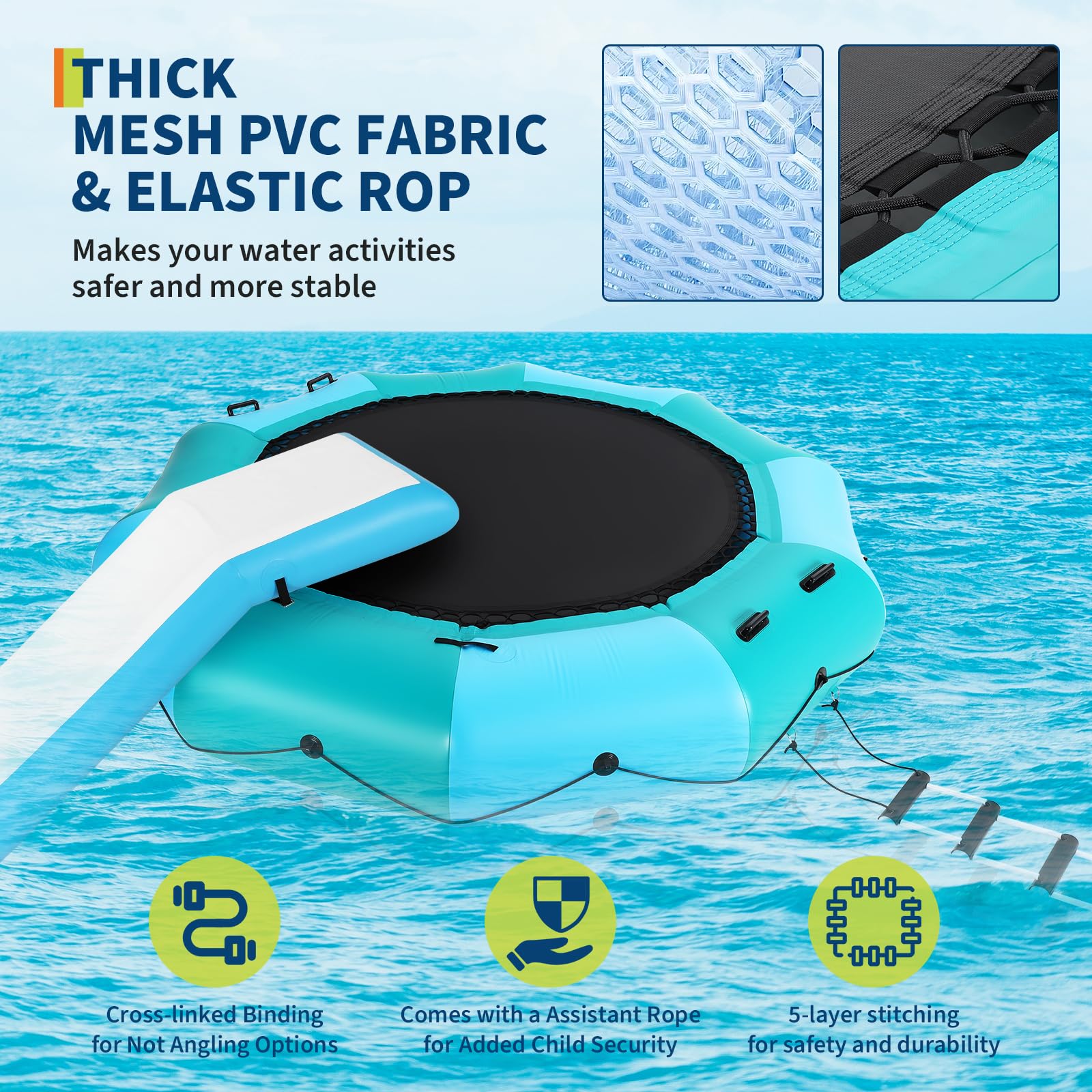 1000D PVC inflatable water trampoline with thick mesh and stitched construction