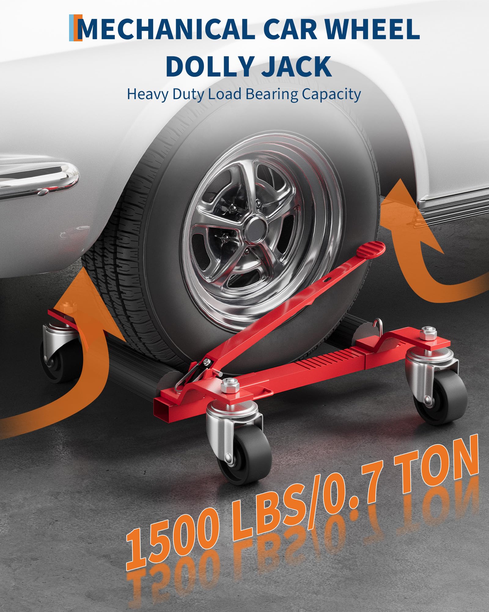 Red mechanical wheel dolly supporting a vehicle tire