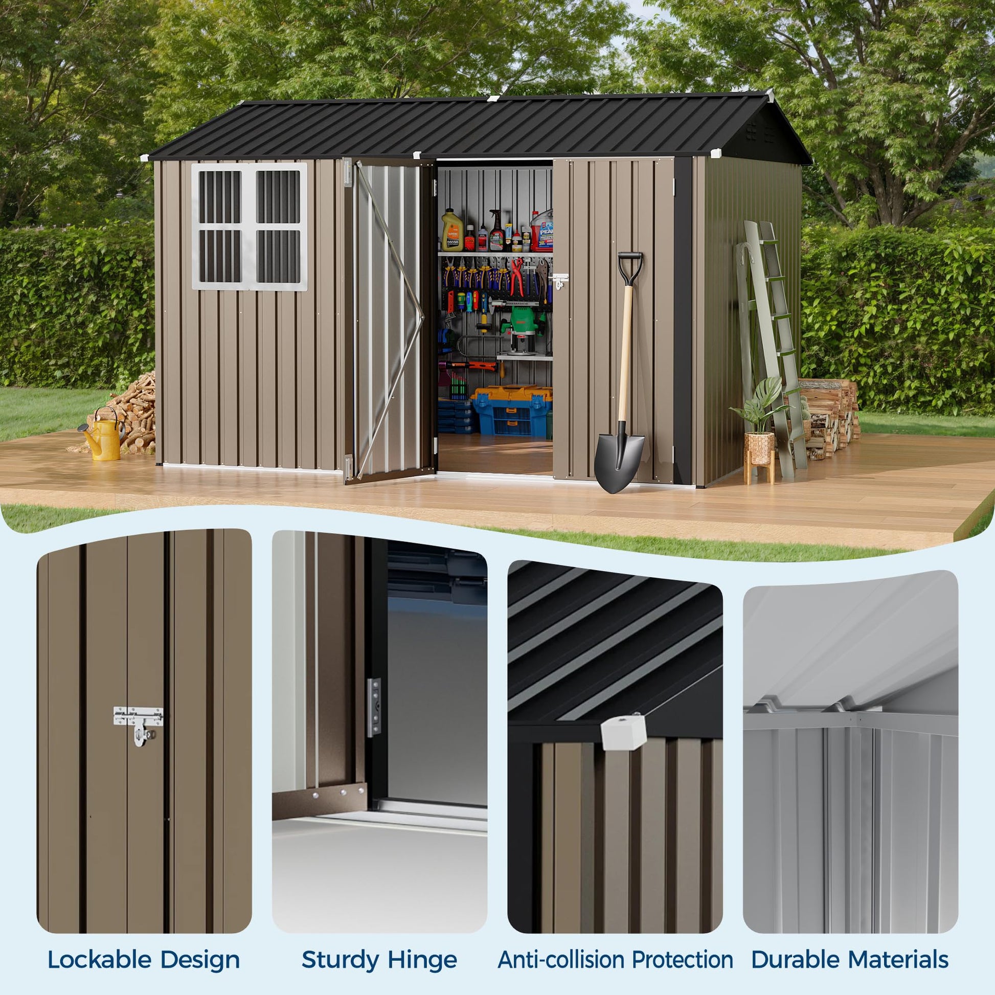 Heavy-duty metal storage shed with lockable doors