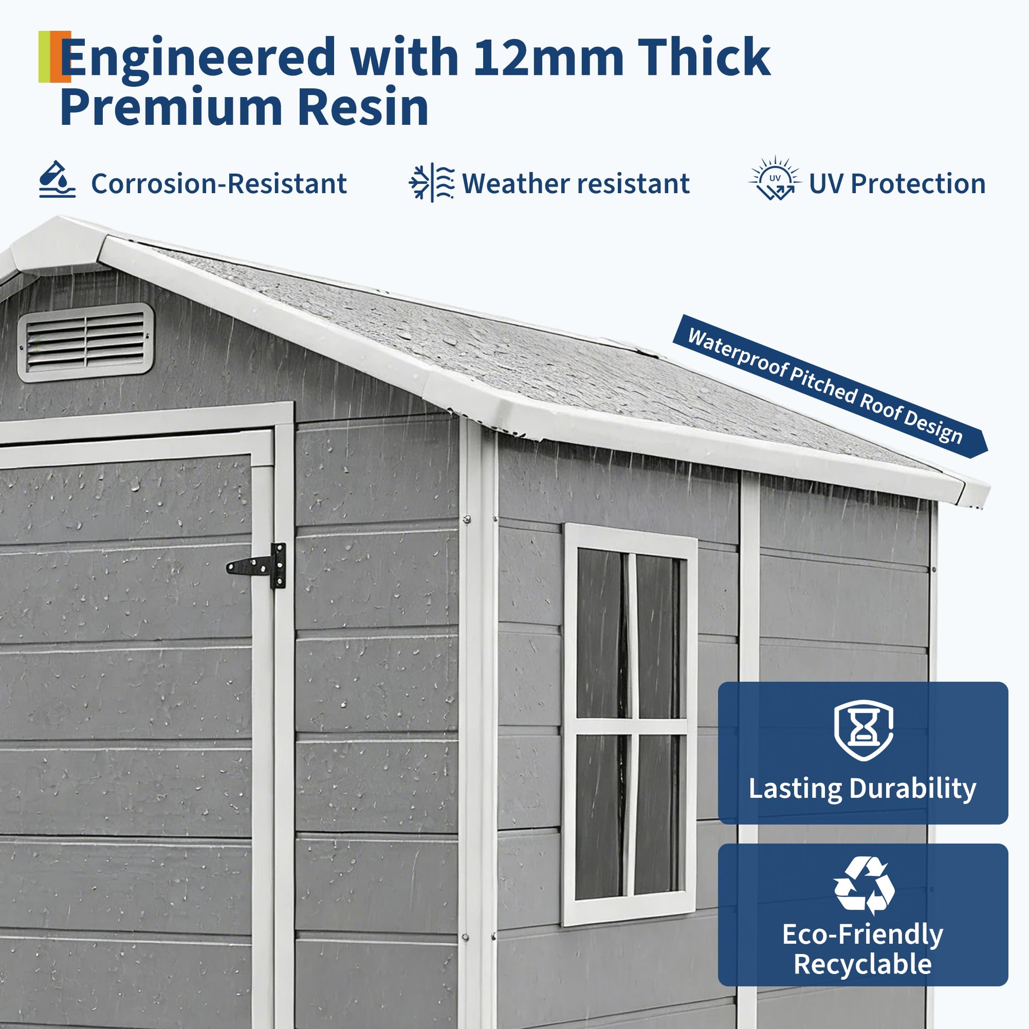 Garvee light gray outdoor resin storage shed with 12mm thick premium resin and pitched roof design