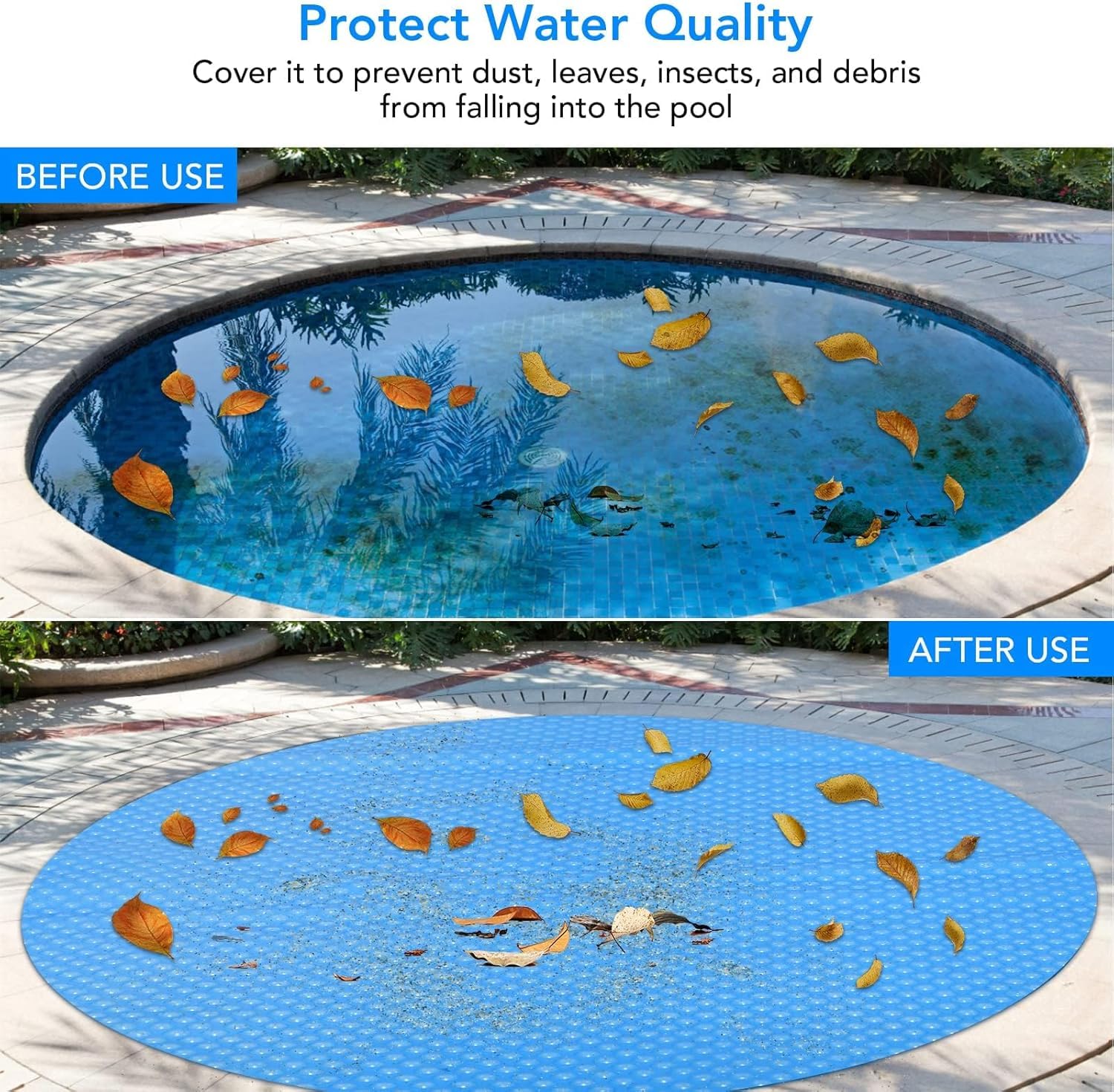 Before and after comparison of pool debris above a blue solar cover