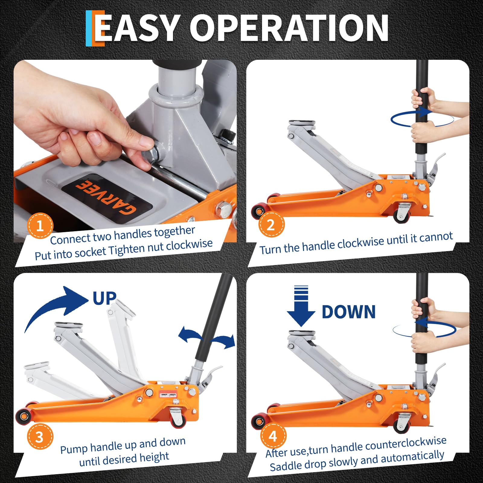 Easy operation steps for floor jack