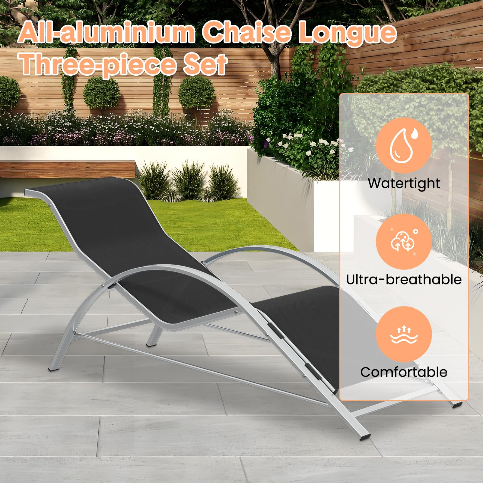 black patio chaise lounge with breathable Textilene seating and aluminum frame