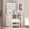Garvee Corner Vanity Mirror with Lights and Table Set & Power Outlet, Makeup Vanity Table with Lights with 2 Drawers & Stool, 3 Ligthing Color Vanity Desk, White