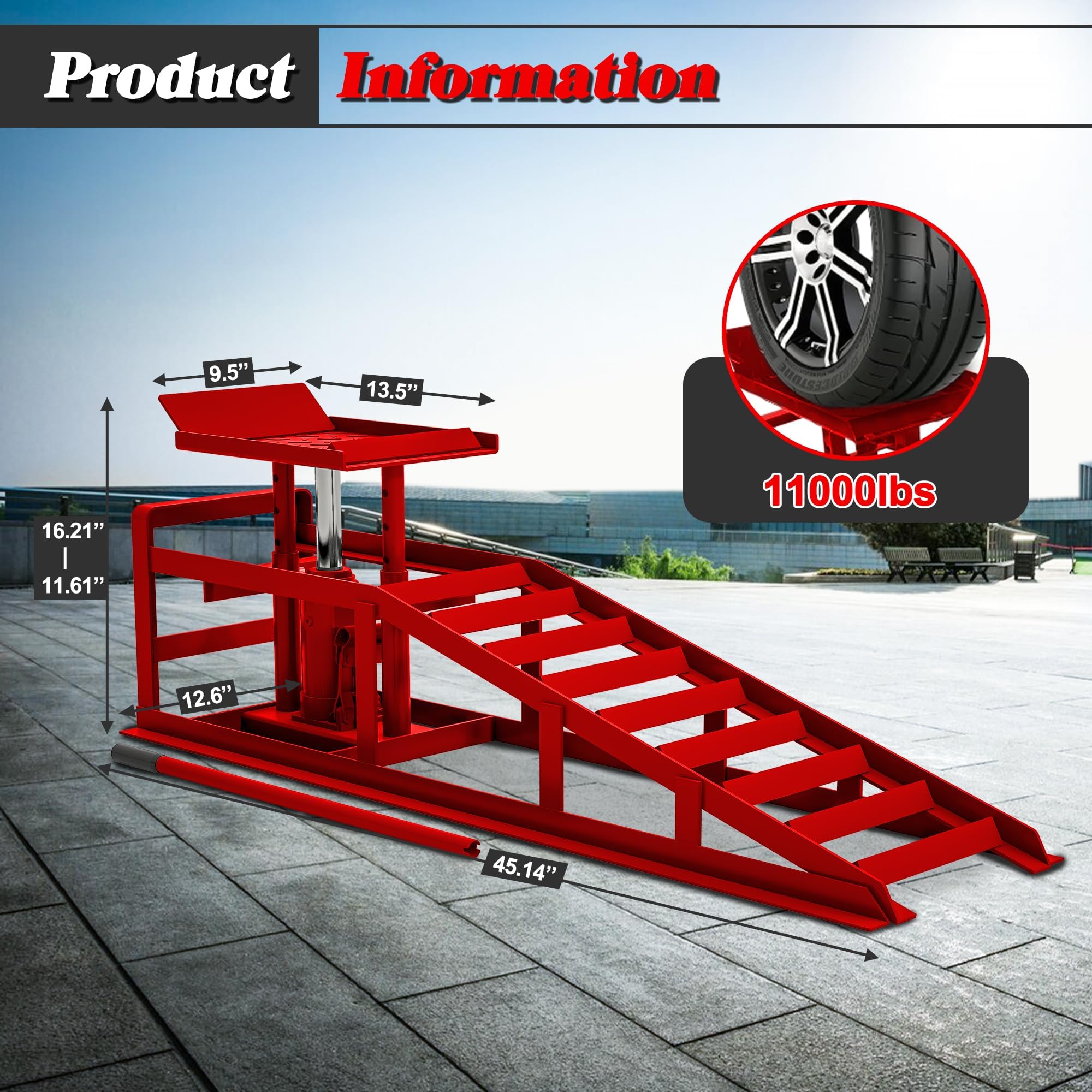 Red hydraulic car ramp with height platform width and load capacity callouts