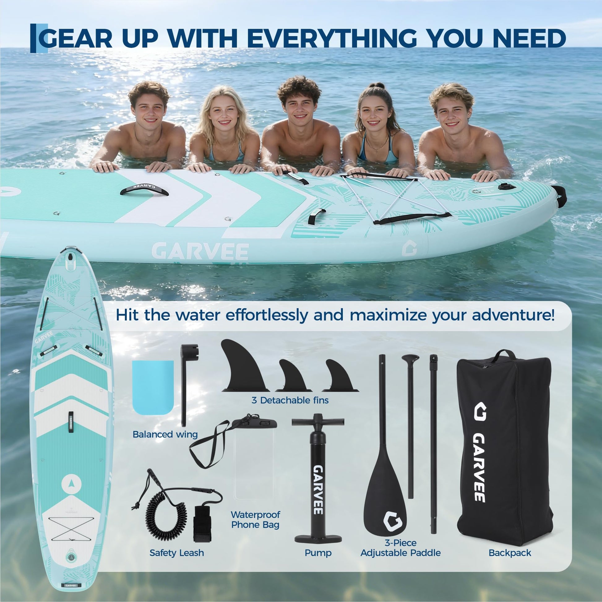 Complete inflatable paddle board accessory kit with paddle pump fins leash and backpack