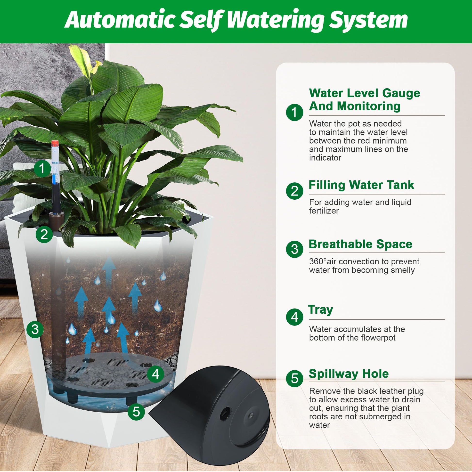 Automatic self watering system with water level gauge