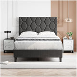 Garvee Twin Size Platform Bed Frame + Upholstered Headboard + Diamond Pattern + Soft Fabric + Adjustable + Wood Slat Support + Grey + Bedroom - Light Gray