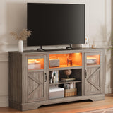 Garvee Farmhouse TV Stand with LED Lights, Entertainment Center for 65/60/55 Inches Televisions, TV Console with Storage Cabinets and Open Shelves, TV Cabinet for Living Room, Bedroom, Grey