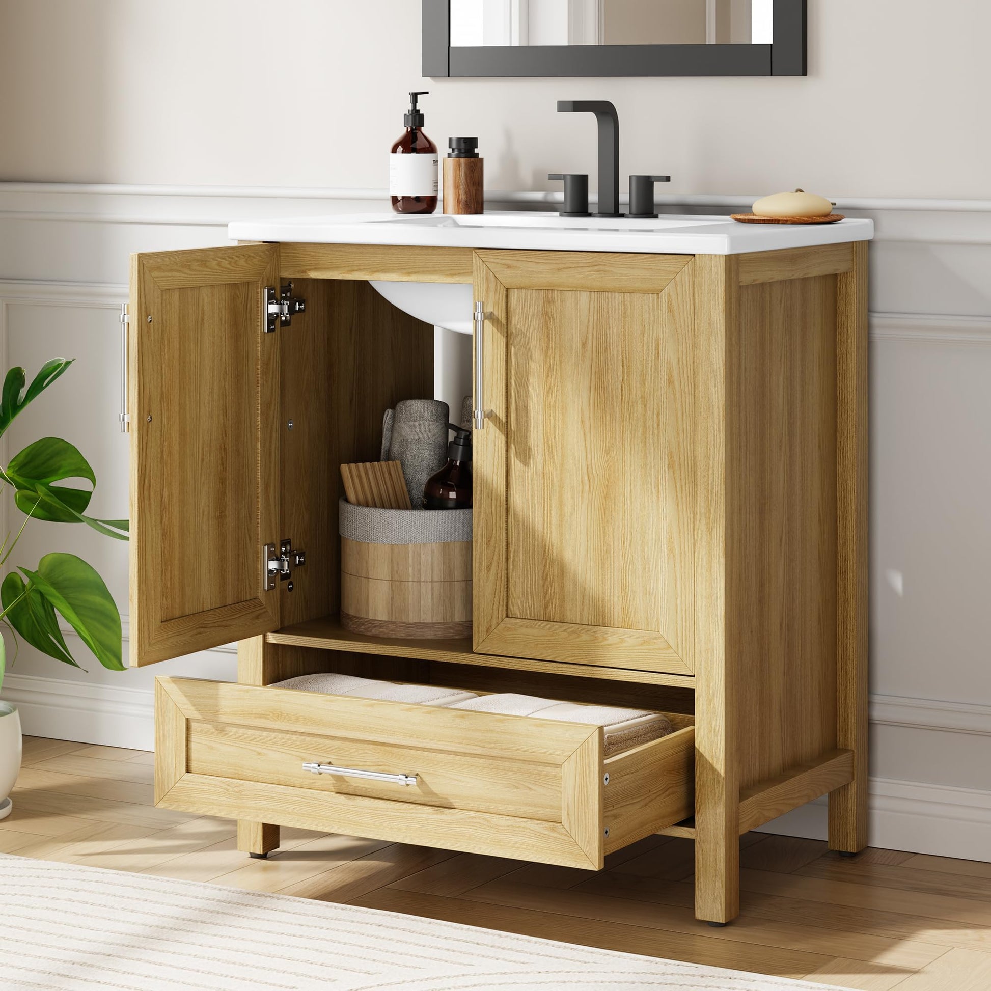 Large storage drawer and 2-door cabinet for organized bathroom storage