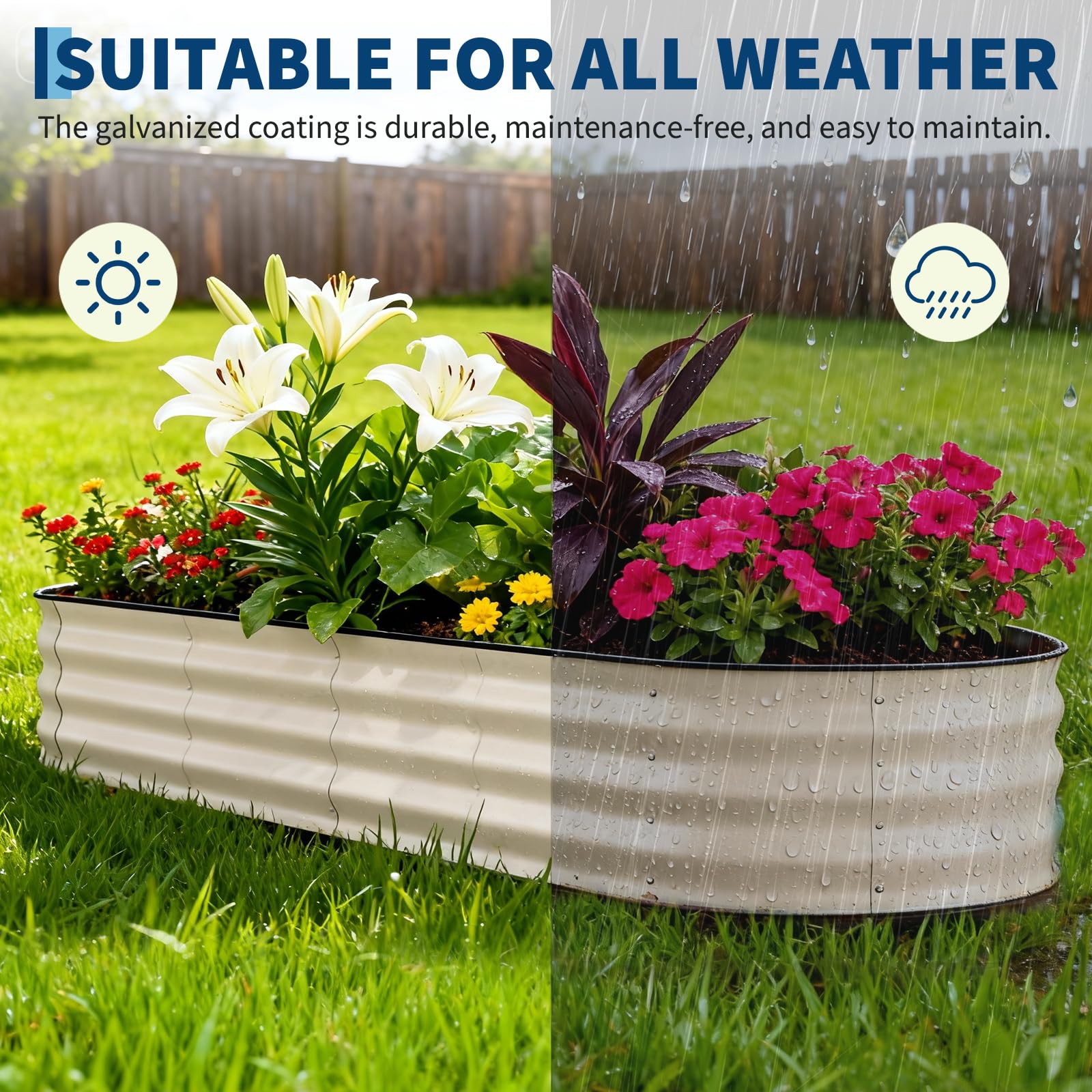 beige oval galvanized raised garden bed for outdoor planting