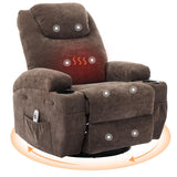 Garvee 360 Swivel Rocker Recliner Chair with Massage and Heat for Living Room Nursery, Manual Glider, Soft Fabric, Sturdy Wood Frame - Darkbrown