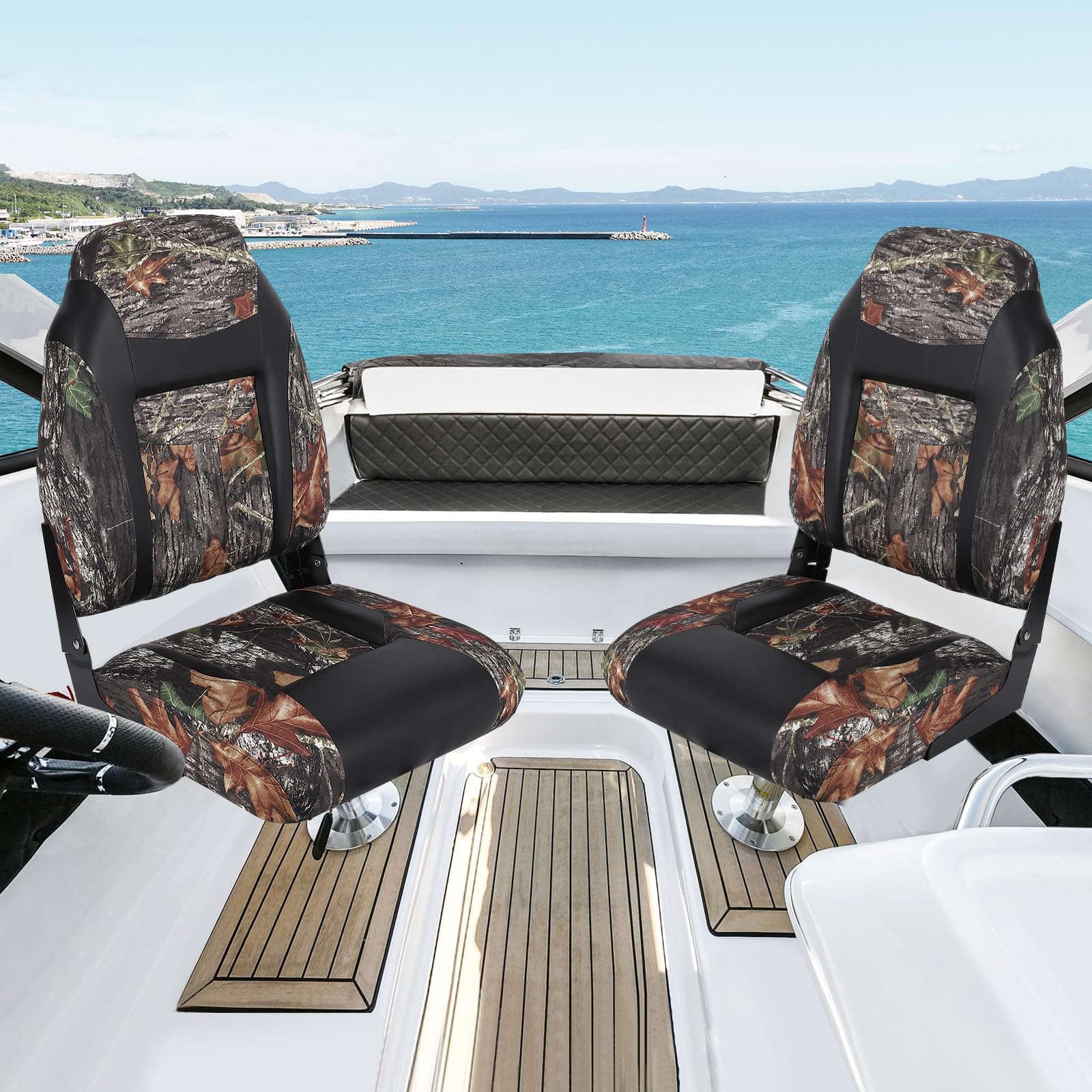 Two camouflage folding boat seats installed on a boat