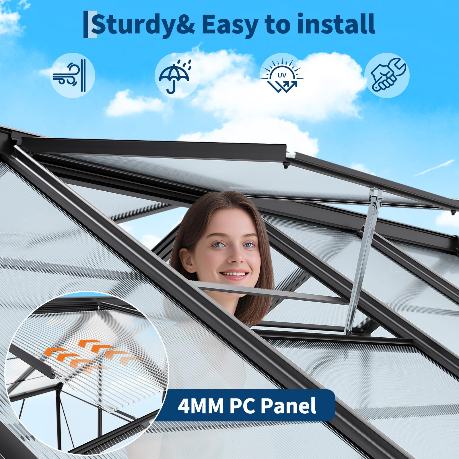 Greenhouse roof with 4mm PC panel and easy-install structure