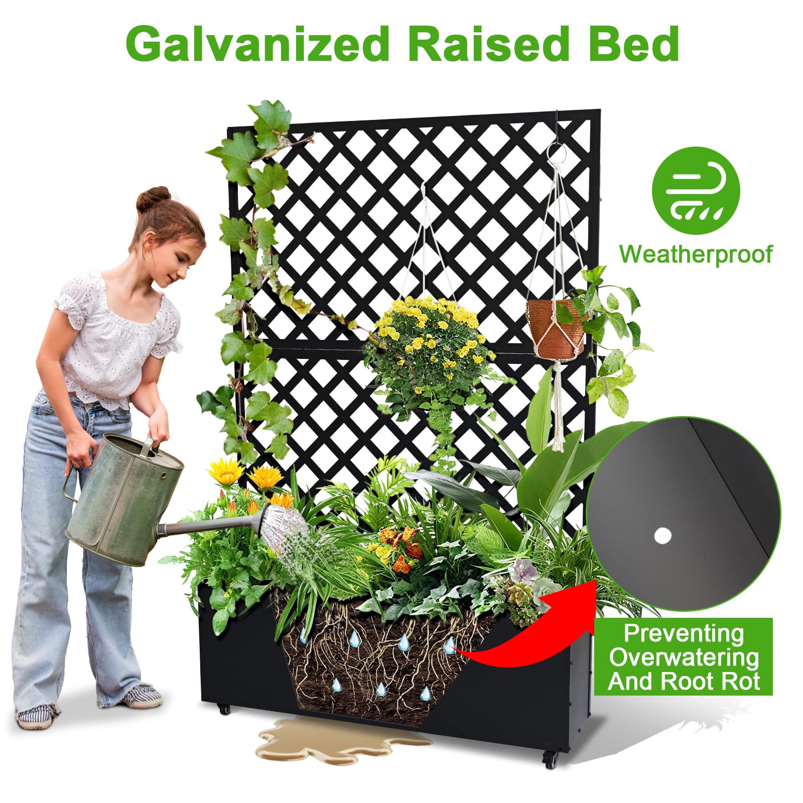 black diamond trellis planter showing drainage holes and weather resistant construction