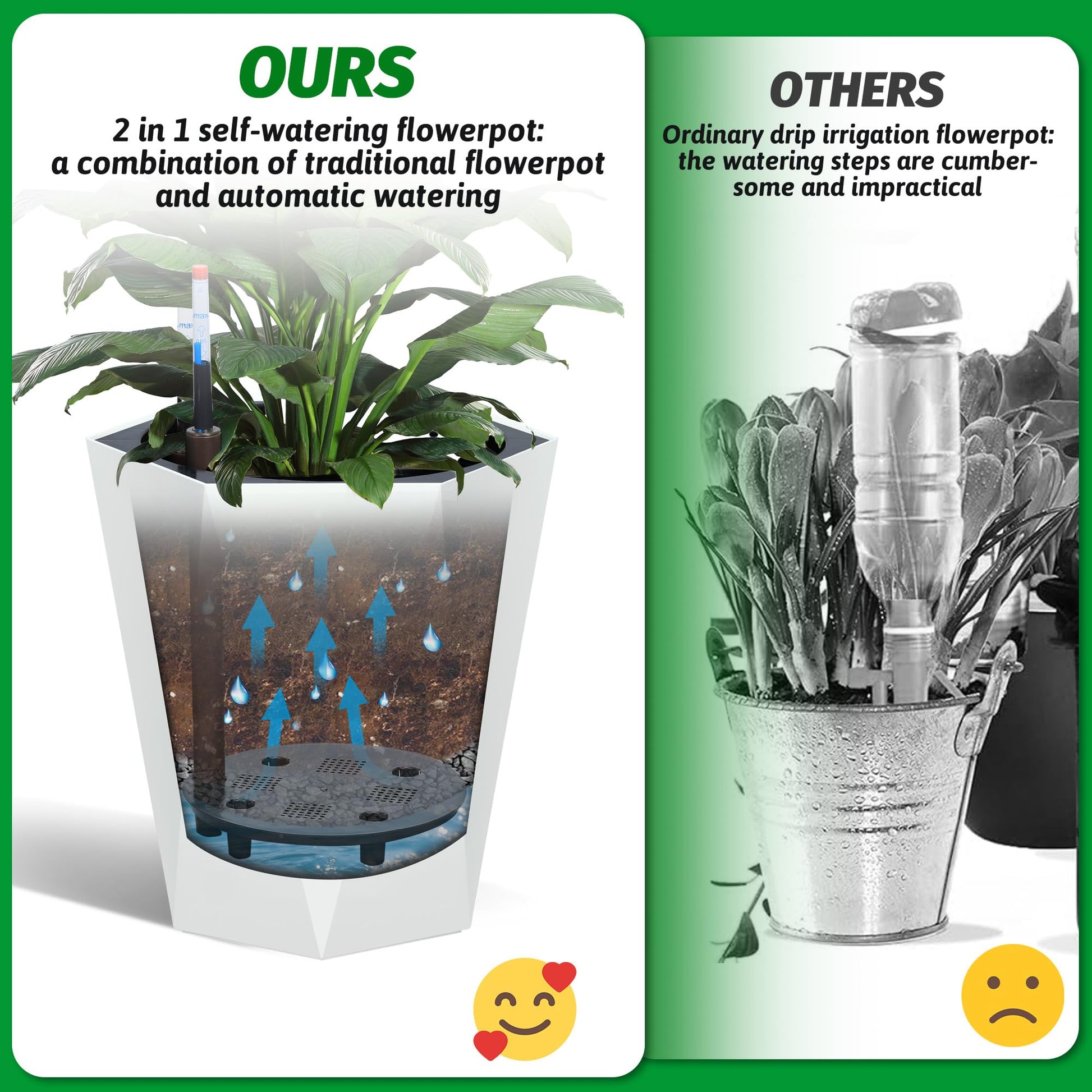 Self watering planter comparison showing 2-in-1 flowerpot design