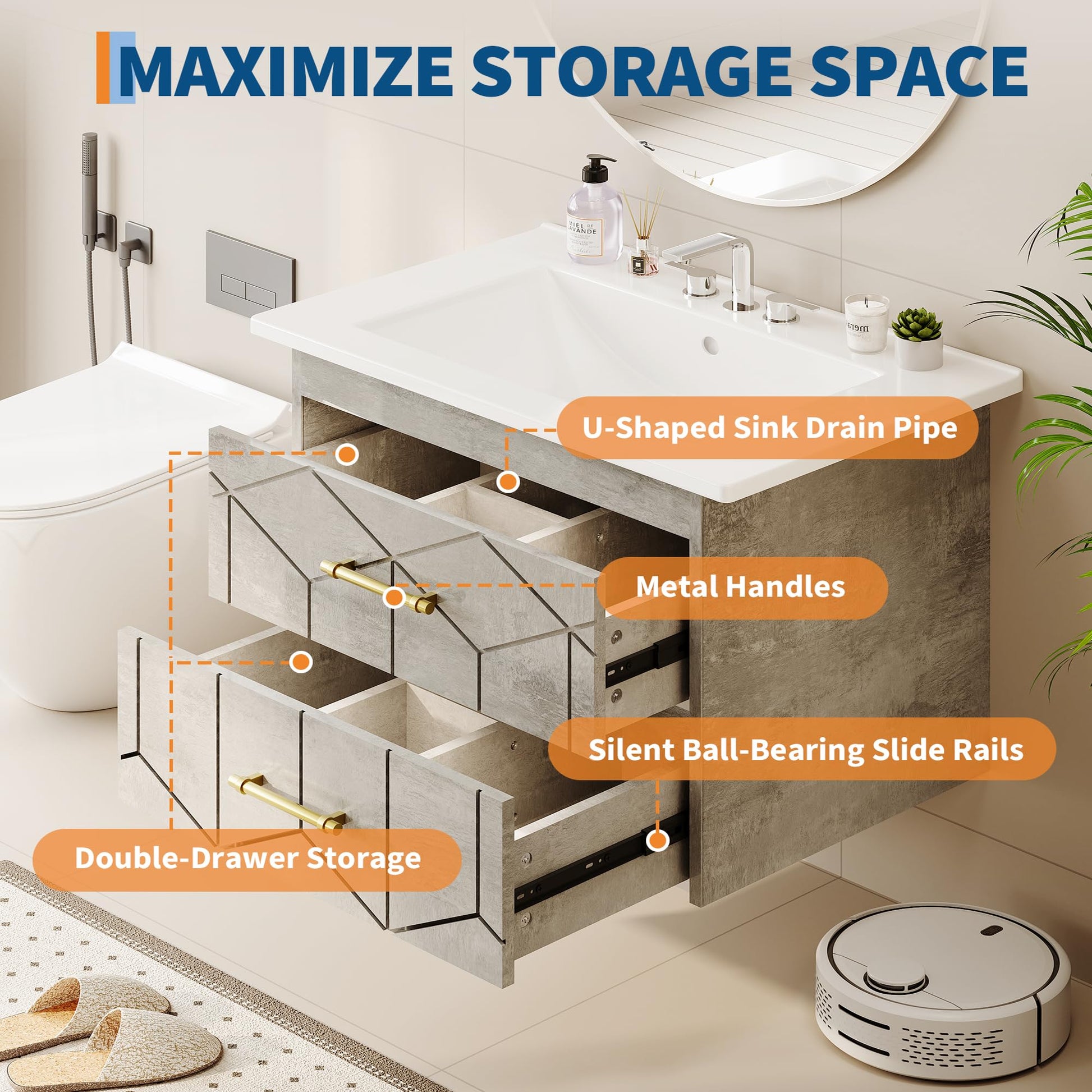 Bathroom vanity with two soft-close storage drawers