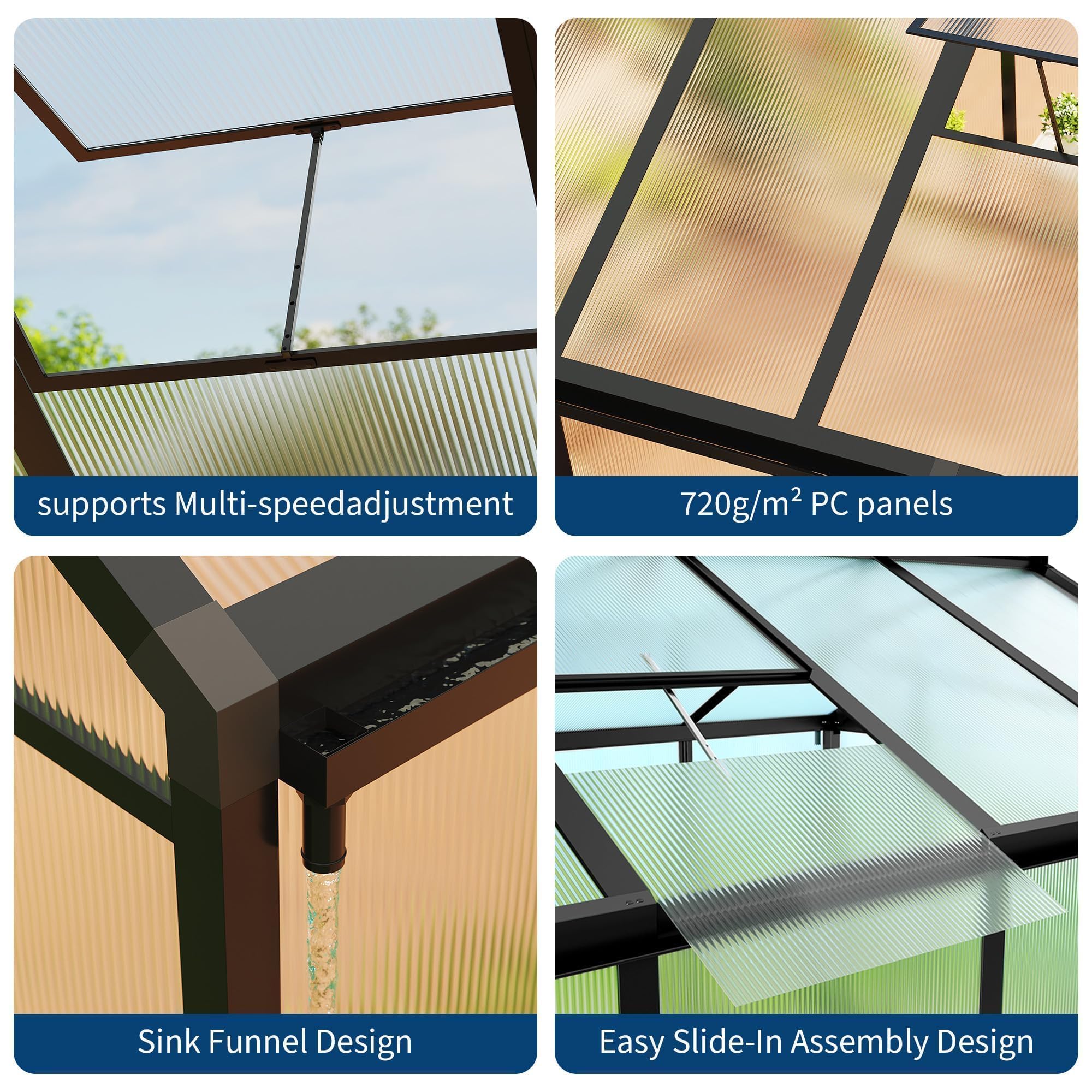Greenhouse details showing roof vent support polycarbonate panels gutter funnel and slide-in assembly
