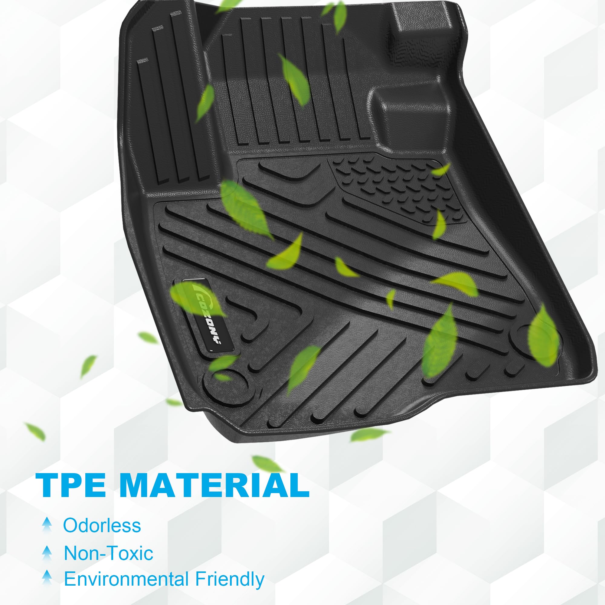black molded floor liner highlighting odorless non-toxic TPE material