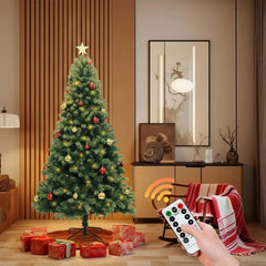 Garvee 6FT Artificial Christmas Tree with Remote Control, Premium Hinged Pine, Metal Stand for Living Room, Office, Party Decoration, Green