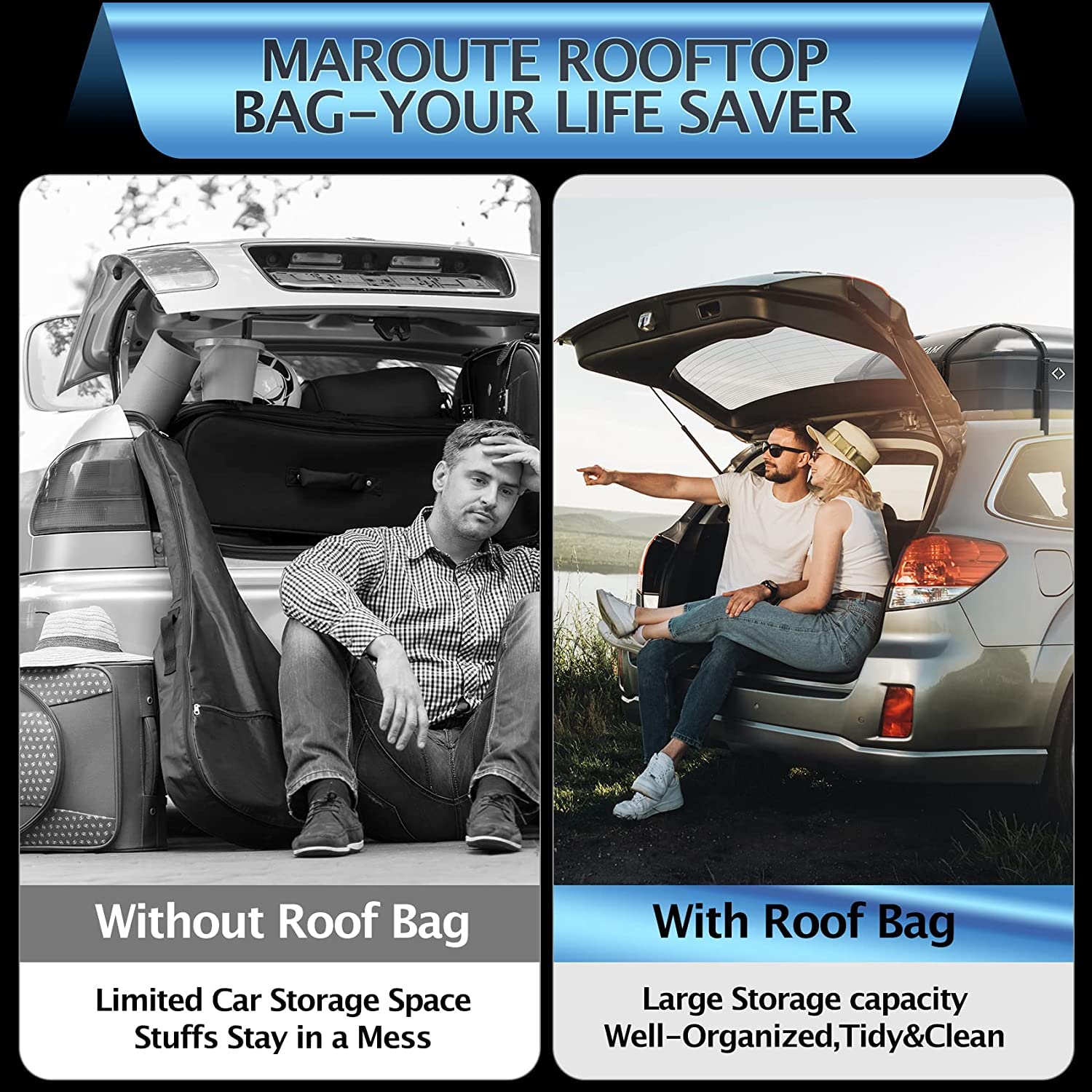 Vehicle cabin comparison showing more passenger space when luggage is carried in a rooftop bag
