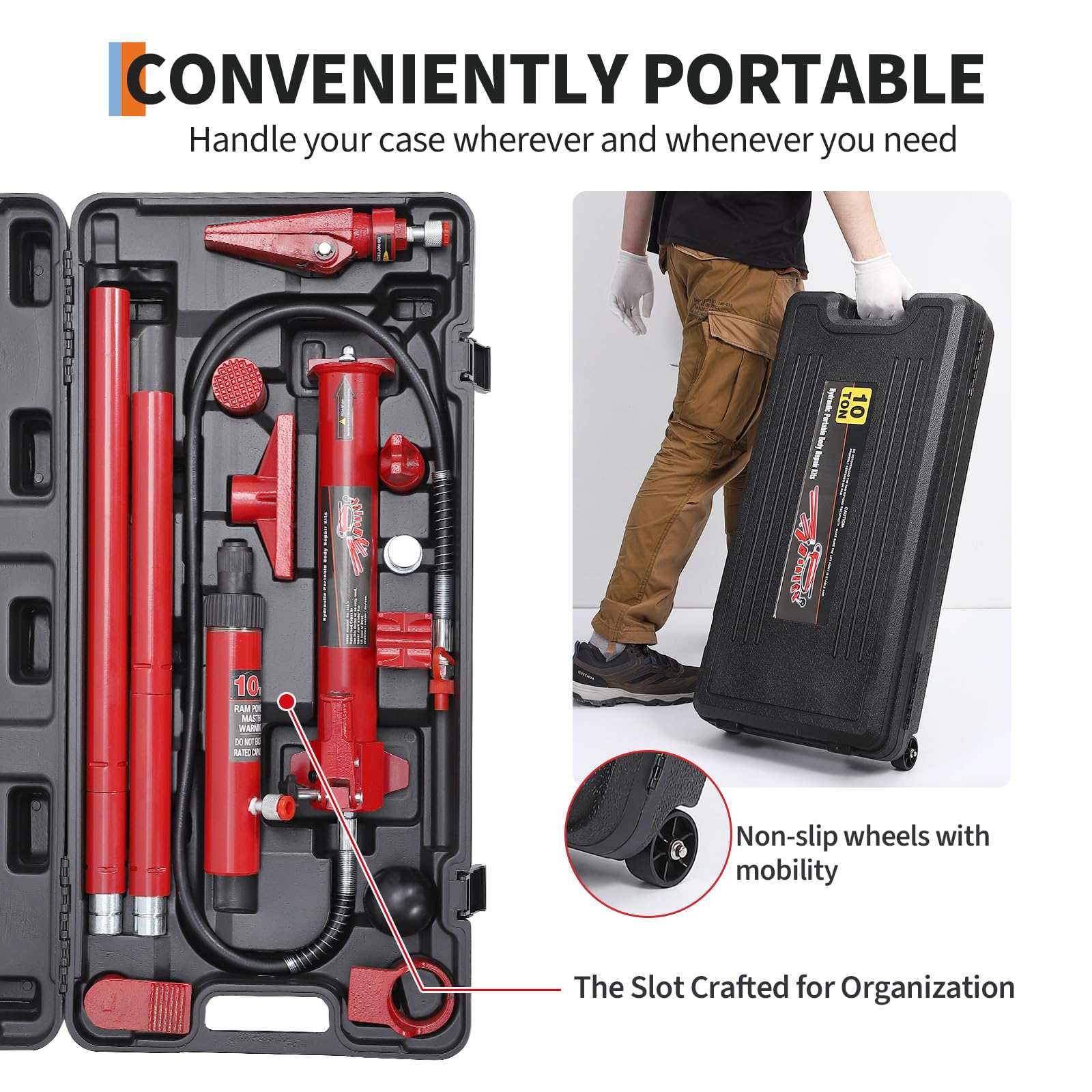 Red hydraulic porta power components arranged in a black wheeled molded storage case